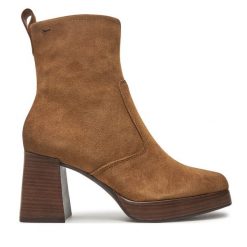 Botki Tamaris. Brązowe botki damskie Tamaris, bez obcasa, na słupku, bez zapięcia. Za 419.99 zł.