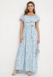 Niebieska Sukienka Hiszpanka z Bawełną w Kwiaty Mreova. Niebieskie sukienki damskie Born2be, na co dzień, l, bez wzorów, z bawełny, eleganckie, bez kołnierzyka, bez ramiączek, maxi, proste. W wyprzedaży za 59.99 zł.