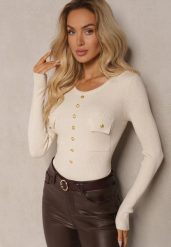 Jasnobeżowy Sweter z Bawełną z Prążkowanego Materiału Ozdobiony Kieszeniami i Guzikami Aprinevia. Brązowe swetry klasyczne damskie Renee, z bawełny, bez kołnierzyka. Za 59.99 zł.