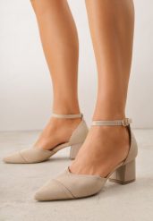 Ciemnobeżowe Czółenka ze Sportowej Tkaniny VICES na Słupku z Paskiem przy Kostce Loraira. Brązowe czółenka damskie Renee, bez wzorów, z tkaniny, bez obcasa, na słupku. Za 119.99 zł.