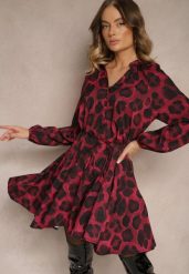 Bordowa Sukienka w Panterkowy Print o Rozkloszowanym Kroju z Wiązaniem w Talii Ameriana. Czerwone sukienki damskie Renee, na co dzień, na lato, m, bez wzorów, eleganckie, bez kołnierzyka, bez ramiączek, mini, kopertowe. W wyprzedaży za 111.99 zł.