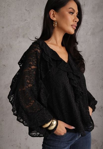Czarna Koronkowa Bluzka z Falbankami Sewrana. Czarne bluzki damskie Renee, l, bez wzorów, z futra, eleganckie, bez kołnierzyka, bez ramiączek. Za 149.99 zł.