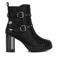 Botki Mustang. Czarne botki damskie Mustang, bez obcasa, na słupku, bez zapięcia. Za 279.99 zł.