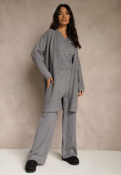 Szary Komplet z Dzianiny z Wełną Długi Kardigan Kamizelka i Spodnie Netivia. Szare spodnie materiałowe damskie Renee, bez wzorów, z bawełny. Za 139.99 zł.