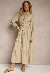 Beżowa Wiskozowa Sukienka o Koszulowym Kroju z Paskiem z Klamrą Feluriela. Brązowe sukienki damskie Renee, na co dzień, l, bez wzorów, z wiskozy, eleganckie, bez kołnierzyka, bez ramiączek, maxi, kopertowe. W wyprzedaży za 87.99 zł.