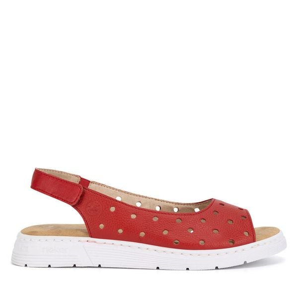 Sandały Rieker. Czerwone sandały damskie Rieker, bez wzorów, bez obcasa, na płaskiej podeszwie. Za 259.99 zł.