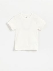 Gładki t-shirt - złamana biel. Koszulki dziewczęce Reserved, bez wzorów, z bawełny, bez ramiączek. Za 27.99 zł.
