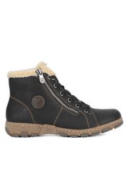 Rieker Botki Z0121-00 Czarny. Czarne botki damskie Rieker, z materiału, bez obcasa, na płaskiej podeszwie, bez zapięcia. Za 258.99 zł.