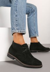 Czarne Krótkie Botki z Ekozamszu ze Sznurowaną Cholewką Torige. Czarne botki damskie Renee, z jeansu, eleganckie, bez obcasa, na obcasie, bez zapięcia. Za 109.99 zł.