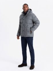 Casualowa kurtka męska puffer z wełną – szary melanż V1 OM-JAHP-0203 - XXL. Szare kurtki męskie Ombre Clothing, l, z aplikacjami, z materiału. Za 371.99 zł.