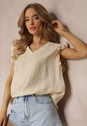 Beżowa Bluzka z Metaliczną Nitką i Falbankami Dollitta. Brązowe bluzki damskie Renee, xl, z aplikacjami, z tkaniny, bez kołnierzyka, bez ramiączek. Za 44.99 zł.