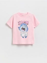 T-shirt z nadrukiem Inside Out - pastelowy róż. Czerwone koszulki dziewczęce Reserved, bez wzorów, z bawełny, bez ramiączek. Za 39.99 zł.