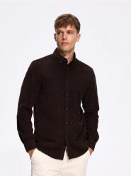 Sztruksowa koszula regular fit - ciemnobrązowy. Brązowe koszule męskie Reserved, l, bez wzorów, z bawełny, bez kołnierzyka, bez ramiączek. Za 129.99 zł.
