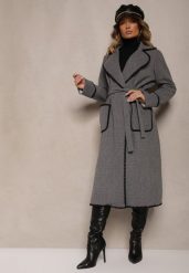 Szary Płaszcz Szlafrokowy z Wiązanym Paskiem Zdobiony Przeszyciami Enamia. Szare płaszcze damskie Renee, z aplikacjami, z jeansu, eleganckie. Za 159.99 zł.