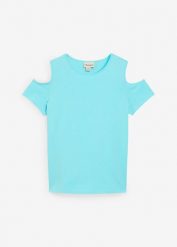 T-shirt z wycięciami na ramionach z czystej bawełny organicznej. Niebieskie koszulki dziewczęce bonprix, bez wzorów, z bawełny, bez ramiączek. Za 34.99 zł.
