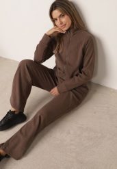 Brązowy Komplet Dresowy Szerokie Spodnie i Rozpinana Bluza ze Stójką Aleea. Brązowe bluzy bez kaptura damskie Born2be, l, z dresówki. Za 169.99 zł.