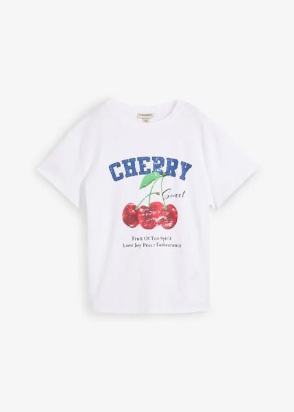 T-shirt z nadrukiem z czystej bawełny organicznej. Białe t-shirty damskie bonprix, bez wzorów, z bawełny, bez kołnierzyka. Za 39.99 zł.