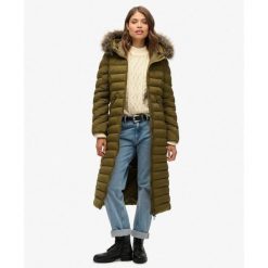 Długi Płaszcz z Kapturem z Sztucznego Futra Fuji od SUPERDRY. Szare płaszcze damskie Superdry., bez wzorów, eleganckie. Za 716.65 zł.