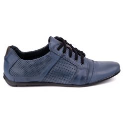 Męskie półbuty skórzane sznurowane POLBUT C34P perforowane casual granatowe niebieskie. Niebieskie półbuty męskie z jeansu, bez zapięcia. Za 319.69 zł.