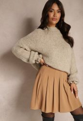 Beżowa Spódnica z Wiskozą o Rozkloszowanym Kroju z Plisami i Gumką w Pasie w Stylu Preppy Iliola. Brązowe spódniczki damskie Renee, l, bez wzorów, z wiskozy, eleganckie, mini, koszulowe. Za 79.99 zł.