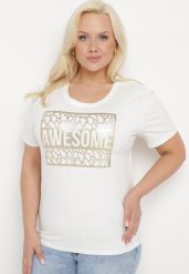 Biały Bawełniany T-shirt z Ozdobnym Napisem Floerin. Białe t-shirty damskie Born2be, xl, z aplikacjami, z bawełny, bez kołnierzyka. Za 34.99 zł.