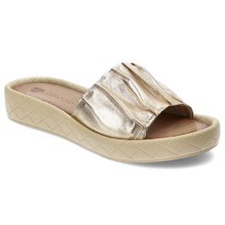 Złote Klapki Armodo Eleganckie Wsuwane Obuwie Damskie. Żółte klapki damskie Armodo, bez wzorów, z materiału, bez obcasa. Za 239.00 zł.