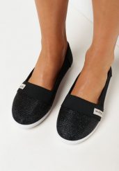 Czarne Tenisówki na Płaskiej Podeszwie z Elastyczną Cholewką z Metaliczną Nitką Kathle. Czarne trampki i tenisówki damskie Born2be, bez wzorów. Za 29.99 zł.