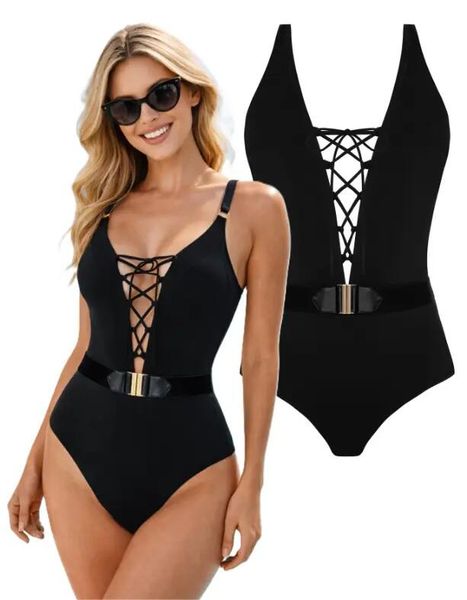 Strój kąpielowy damski plażowy jednoczęściowy na basen rekreacyjny Self Palm. Czarne bikini damskie SELF HEAT, bez wzorów. Za 241.98 zł.