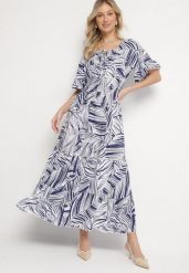 Granatowa Bawełniana Sukienka Rozkloszowana w Liście Alaniva. Niebieskie sukienki damskie Born2be, na co dzień, na lato, l, bez wzorów, z bawełny, eleganckie, bez kołnierzyka, bez ramiączek, maxi, rozkloszowane. W wyprzedaży za 51.99 zł.