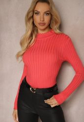 Różowy Golf z Prążkowanego Materiału z Dodatkiem Bawełny Mavanella. Czerwone golfy damskie Renee, uniwersalny, bez wzorów, z bawełny, bez ramiączek. Za 34.99 zł.