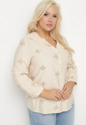 Beżowa Koszula z Wiskozą Zdobiona Haftem z Metaliczną Nicią Parlivia. Brązowe koszule damskie Born2be, plus size, z aplikacjami, z jeansu, eleganckie, bez kołnierzyka, plus size, bez ramiączek. Za 84.99 zł.