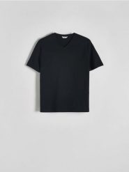 T-shirt slim z dekoltem V - czarny. Czarne t-shirty męskie Reserved, l, bez wzorów, z bawełny, bez kołnierzyka. Za 69.99 zł.