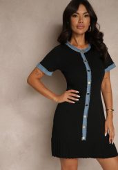 Czarna Taliowana Sukienka z Dzianiny z Wiskozą z Ozdobnymi Guzikami i Falbanką Natinese. Czarne sukienki damskie Renee, na co dzień, m, bez wzorów, z dzianiny, eleganckie, bez kołnierzyka, bez ramiączek, mini. W wyprzedaży za 104.99 zł.
