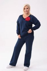 Bawełniany granatowy komplet dresowy Comfy - bluza z różą + długie spodnie PLUS SIZE XXL OVERSIZE JESIEŃ. Niebieskie bluzy bez kaptura damskie Moda Size Plus Iwanek, na jesień, plus size, z aplikacjami, z bawełny, bez ramiączek, długie, bez kaptura. Za 349.90 zł.