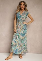 Zielono-Żółta Sukienka z Bawełny w Stylu Boho z Kopertowym Dekoltem Dillana. Zielone sukienki damskie Renee, l, bez wzorów, z bawełny, boho, bez kołnierzyka, bez ramiączek, maxi, kopertowe. W wyprzedaży za 52.49 zł.