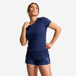 Koszulka fitness damska Domyos krótki rękaw. Niebieskie bluzki sportowe damskie DOMYOS, l, bez wzorów, z elastanu, bez ramiączek. Za 34.99 zł.