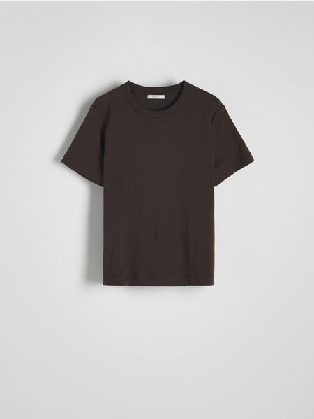 T-shirt regular z merceryzowanej bawełny - brązowy. Brązowe t-shirty damskie Reserved, l, bez wzorów, z bawełny, bez kołnierzyka. Za 79.99 zł.