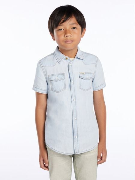 Guess Koszula L3GH06 D4ZF1 Niebieski Regular Fit. Niebieskie koszule chłopięce Guess, z aplikacjami, z bawełny, bez kołnierzyka, bez ramiączek. Za 179.99 zł.