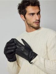 Skórzane rękawiczki z przeszyciami - czarny. Czarne rękawiczki męskie Reserved, bez wzorów. W wyprzedaży za 35.99 zł.