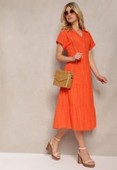 Pomarańczowa Ażurowa Sukienka z Bawełny z Krótkim Rękawem i Guzikami Obitha. Brązowe sukienki damskie Renee, na lato, m, w ażurowe wzory, z bawełny, eleganckie, bez kołnierzyka, bez ramiączek, midi, rozkloszowane. Za 189.99 zł.