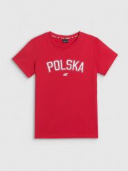4F Koszulka kibica damska - czerwona L. Czerwone bluzki sportowe damskie 4f, l, z bawełny, bez kołnierzyka, bez ramiączek. Za 59.99 zł.