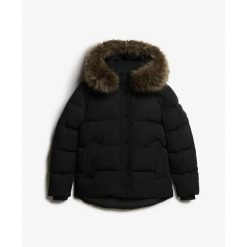 Damska kurtka puchowa Superdry. Czarne kurtki damskie Superdry., s, z aplikacjami, z puchu, bez kaptura. Za 765.60 zł.