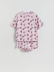 Wzorzysta piżama dwuczęściowa - lawendowy. Fioletowe piżamy damskie Reserved, l, bez wzorów, z bawełny, bez ramiączek. Za 69.99 zł.