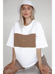 MADMEXT Koszulka w kolorze biało-jasnobrązowym rozmiar: L. Białe bluzki damskie MADMEXT, l, bez wzorów, z bawełny, bez kołnierzyka, bez ramiączek. Za 78.99 zł.