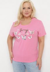 Różowy Bawełniany T-shirt Koszulka z Krótkim Rękawem z Nadrukiem i Cyrkoniami Qumara. Czerwone bluzki damskie Born2be, xl, z aplikacjami, z bawełny, bez kołnierzyka. Za 34.99 zł.