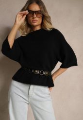Czarny Sweter z Rękawami 3/4 z Wełną Dannalin. Czarne swetry klasyczne damskie Renee, na wiosnę, z wełny, bez kołnierzyka. Za 139.99 zł.