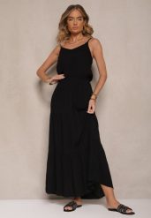 Czarna Rozkloszowana Sukienka z Wiskozy na Ramiączkach Flesira. Czarne sukienki damskie Renee, na co dzień, na lato, l, bez wzorów, z wiskozy, eleganckie, bez kołnierzyka, bez ramiączek, maxi, dopasowane. W wyprzedaży za 76.99 zł.