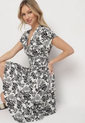 Biała Kopertowa Sukienka z Bawełną w Kwiatowy Wzór Ldivira. Białe sukienki damskie Born2be, na co dzień, na lato, l, bez wzorów, z bawełny, bez kołnierzyka, bez ramiączek, midi, kopertowe. W wyprzedaży za 63.99 zł.