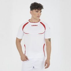 Męska koszulka do biegania z krótkim rękawem oddychająca biała-czerwona. Białe t-shirty sportowe męskie Legea, l, z poliesteru, bez ramiączek, do biegania. Za 48.00 zł.