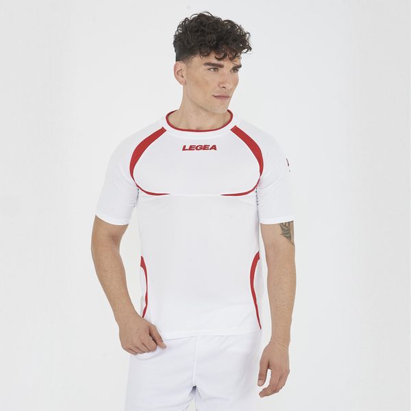 Męska koszulka do biegania z krótkim rękawem oddychająca biała-czerwona. Białe t-shirty sportowe męskie Legea, l, z poliesteru, bez ramiączek, do biegania. Za 48.00 zł.